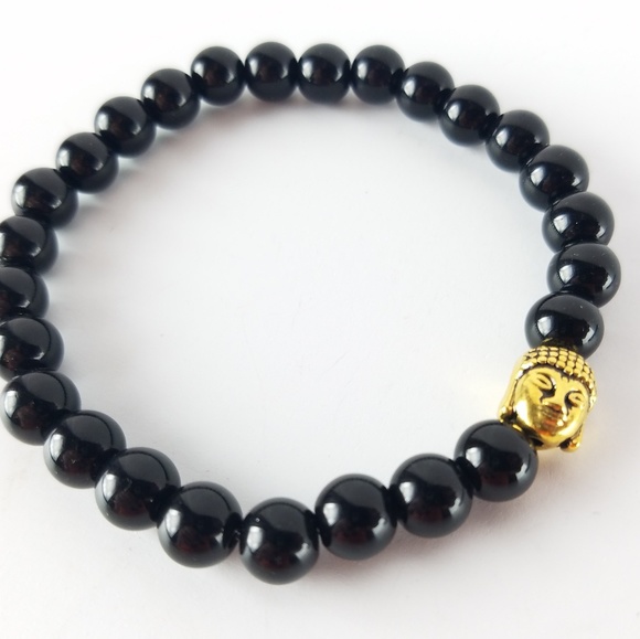 Men's Black Jasper Gold Buddha Bracelet - Picture 3 of 5